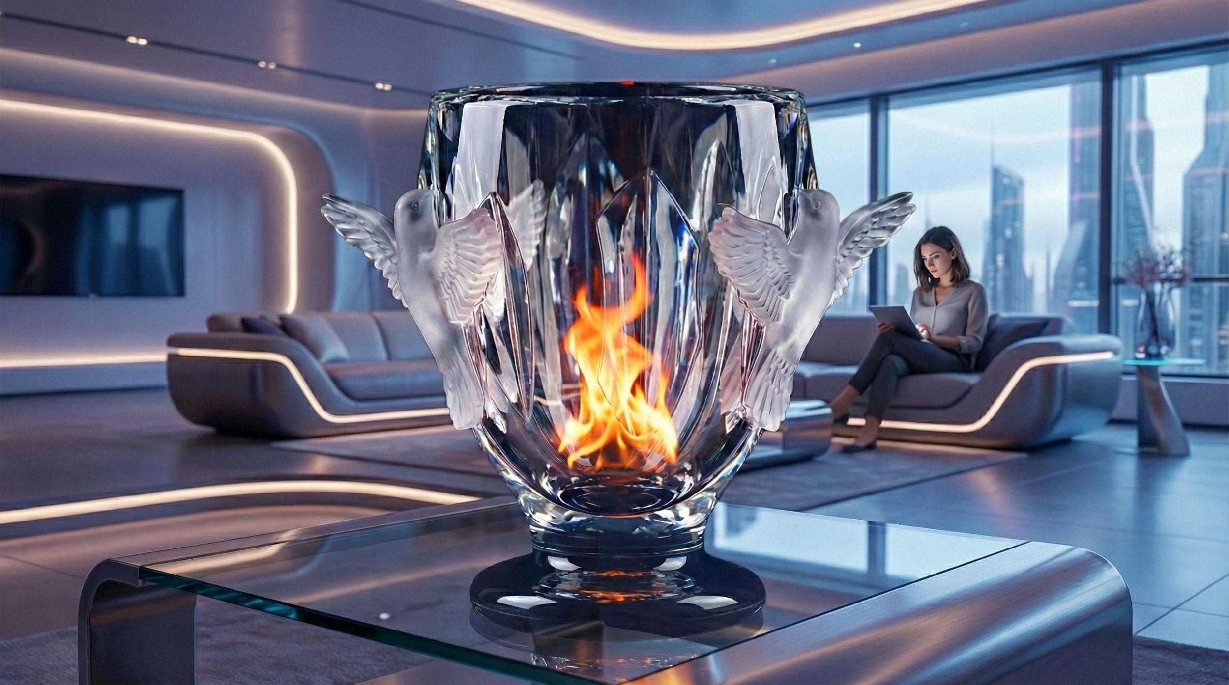 Création de vases en cristal hommage à René Lalique et aux métiers des souffleurs de verre et des arts du feu.