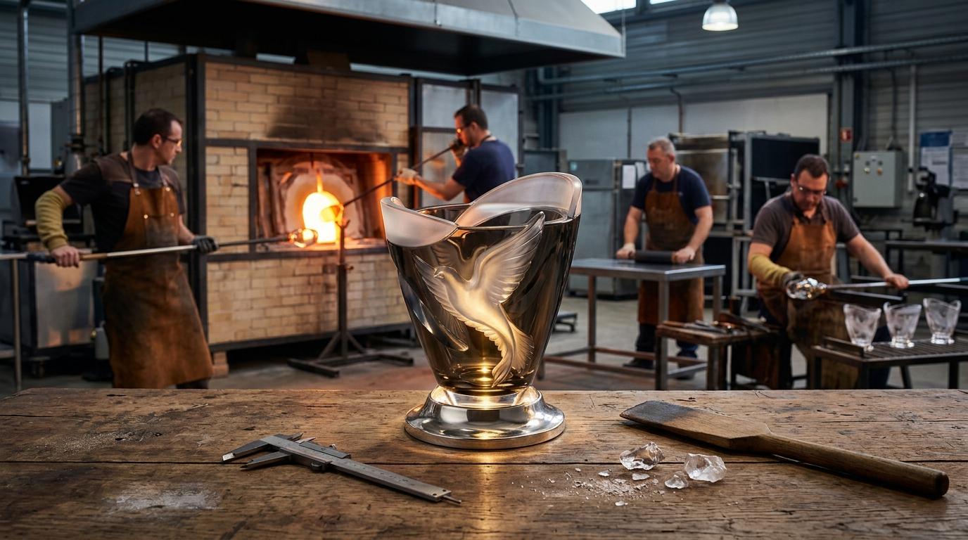 Création de vases en cristal hommage à René Lalique et aux métiers des souffleurs de verre et des arts du feu.