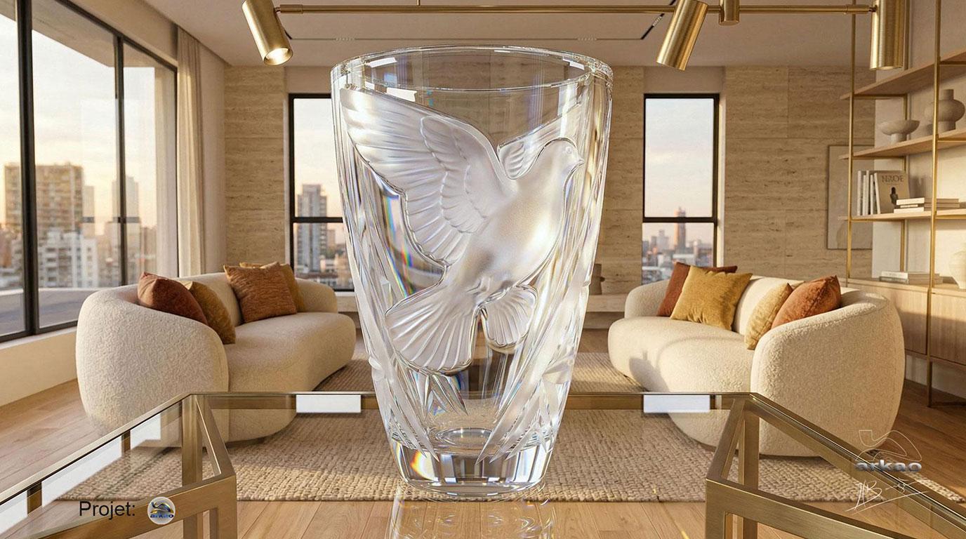 Création de vases en cristal hommage à René Lalique et aux métiers des souffleurs de verre et des arts du feu.