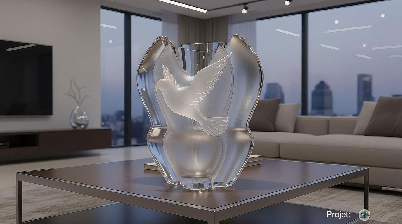 Création de vases en cristal hommage à René Lalique et aux métiers des souffleurs de verre et des arts du feu.