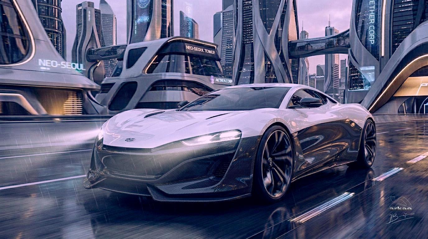 Car dans ville futuriste.