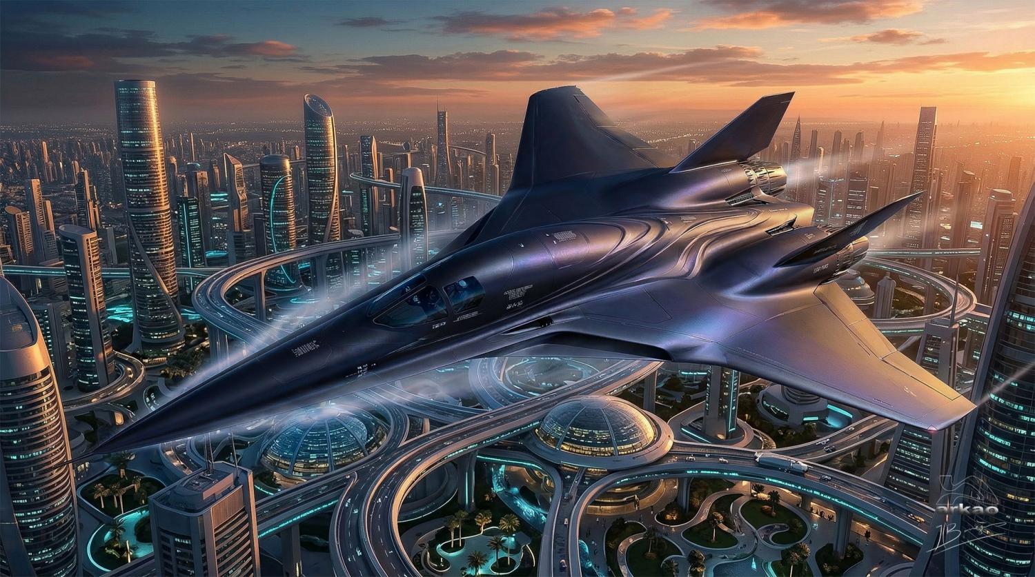 Avion qui vole sur une ville futuriste.