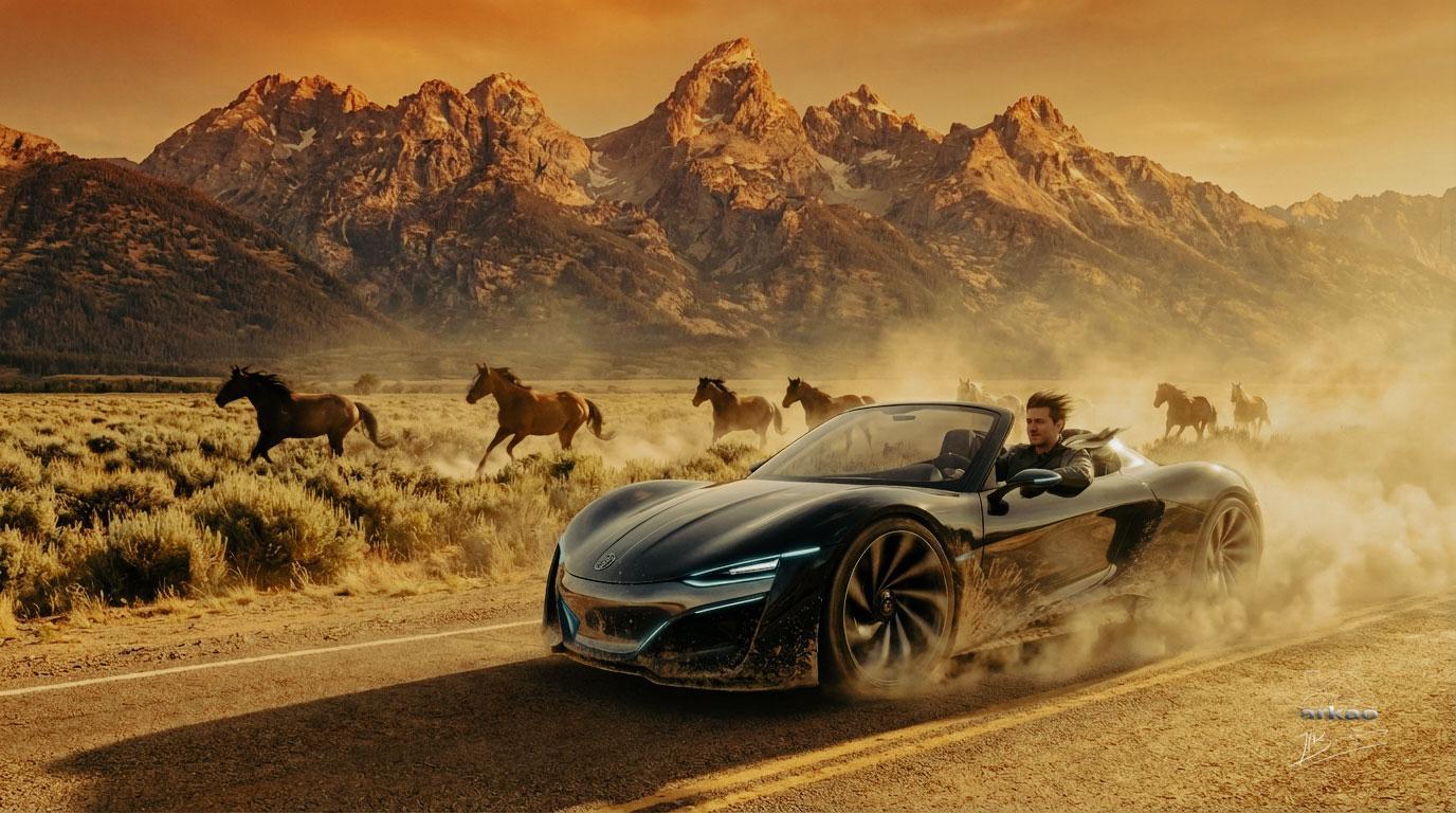 Car et chevaux dans le desert.