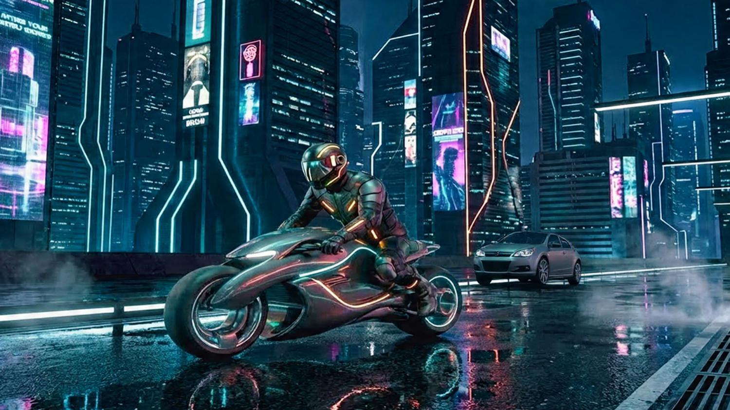 Moto dans une ville du futur.