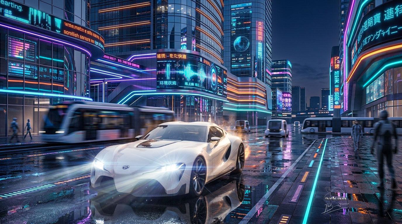 Car de nuit dans une ville du futur.