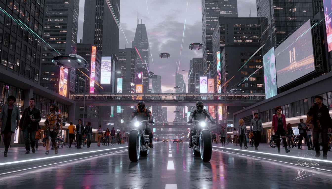 Ville futuriste traversée par des motards.
