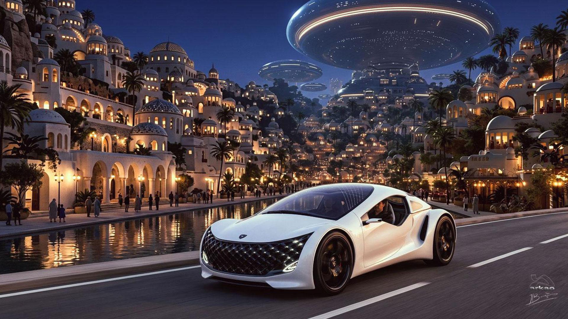 Car dans ville futuriste.